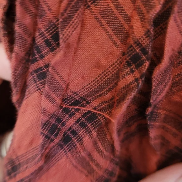 🍂3/$10 Piper&Blue Orange+Black Plaid Button-down Top w/ Tab Sleeves & Tie-Waist - Picture 13 of 13